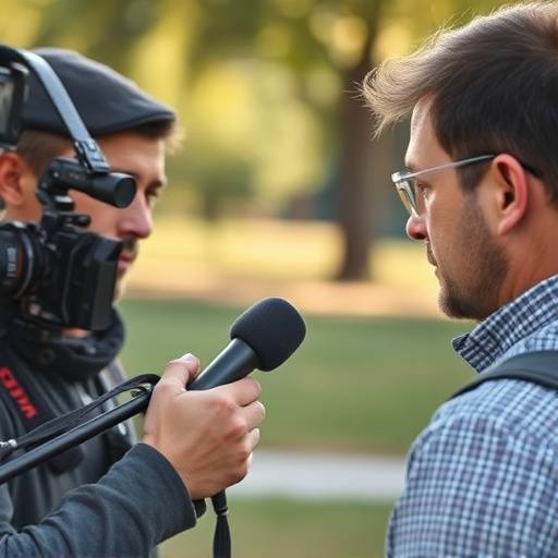 En journalist intervjuer en mann utendørs med en mikrofon
